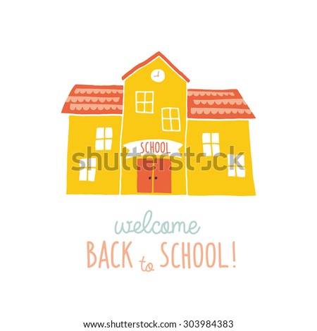 Back to school card design. Funny cartoon hand drawn school building over landscape background. Cartoon vector clip art eps 10 illustration on white background. Hand lettering.