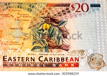 20 Eastern Caribbean dollars bank note.