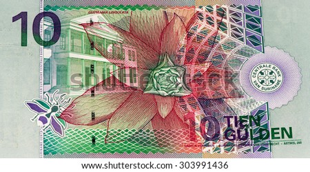 10 Surinamese gulden bank note. Gulden is the former currency of Suriname