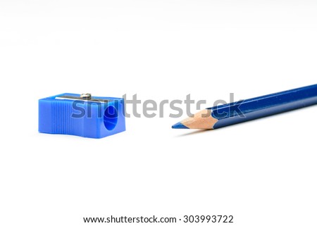 Blue pencil and a blue pencil sharpener on a white background