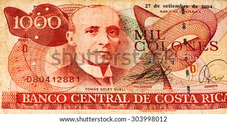 1000 Costa Rican colones bank note. Colones is the national currency of Costa Rica