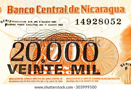 20000 Cordobas bank note. Cordoba is the national currency of Nicaragua