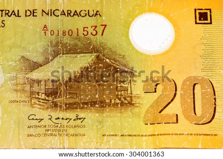 20 Cordobas bank note. Cordoba is the national currency of Nicaragua