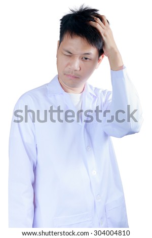 Portrait sad health care professional with headache, stressed, holding head with hands. Nurse, doctor with migraine overworked, overstressed isolated white background. Negative human emotions