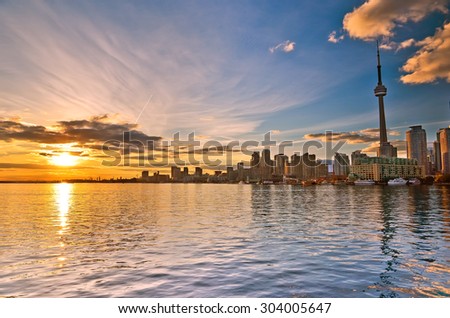 Toronto skyline at sunset in Ontario, Canada.