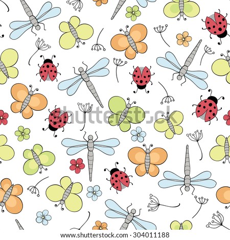 vector seamless pattern with butterfly, dragonfly, ladybirds and flowers