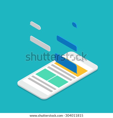 Vector modern isometric smartphone with bubble speech on blue background