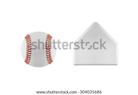 Baseball home plate base and ball isolated on white Royalty-Free Stock Photo #304035686