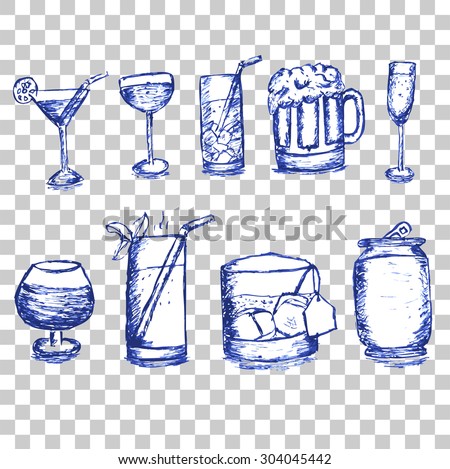 blue hand draw sketch of glasses and can at transparent effect background
