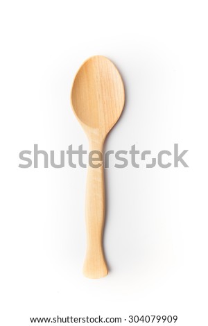 Top view of wooden spoon, white background.