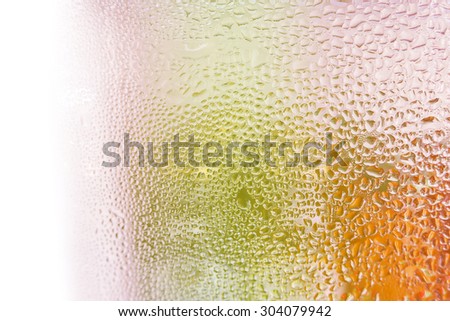 Water droplets on glass  bottle of juice background.