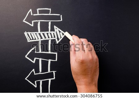 Hand drawing an arrow sign post and mark the opposite direction one of others