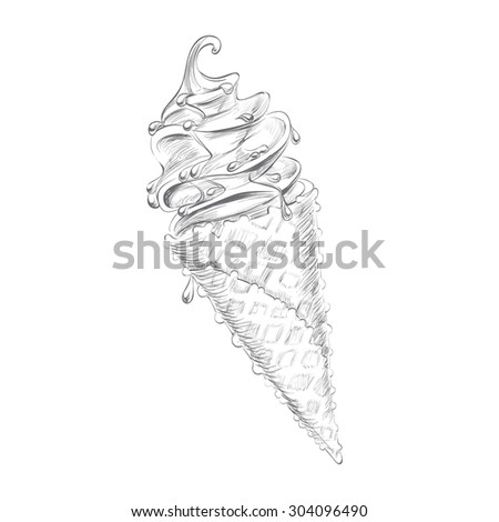 illustration pencil on a white background ice cream drizzled with chocolate wafer cone, vector