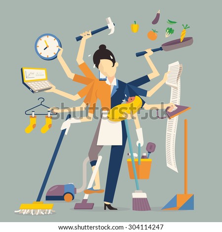 Vector illustration in super mom concept, many hands working with very busy business and housework part, feeding baby, cleaning house, cooking, doing washing, working with laptop. Flat design.    Royalty-Free Stock Photo #304114247