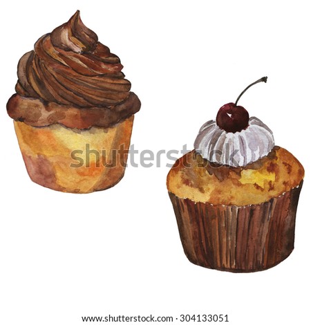 Set of two cupcakes drawn by watercolor, hand drawn illustration