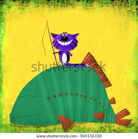 A funny picture of a smiling cat on the huge fish holding a fishing rod. 