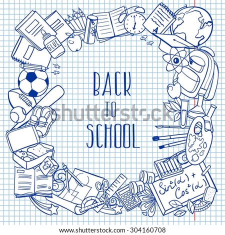 freehand school items in a pile, vector set
