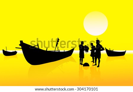 Fishermen & Fishing Boats at Morning Seashore 