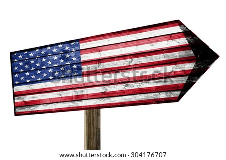 United States flag on wooden table sign isolated on white