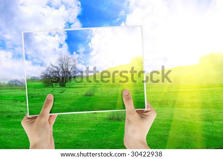 Hand holding photo of field of green grass and tree on background with sunrise