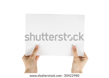 hand holding white paper isolated on white
