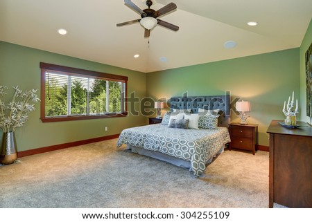 Large bedroom with green interior paint and decorative bedding.