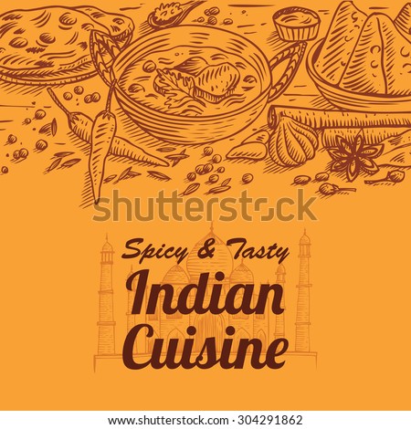 Hand drawn of Indian food and spices, vector Royalty-Free Stock Photo #304291862