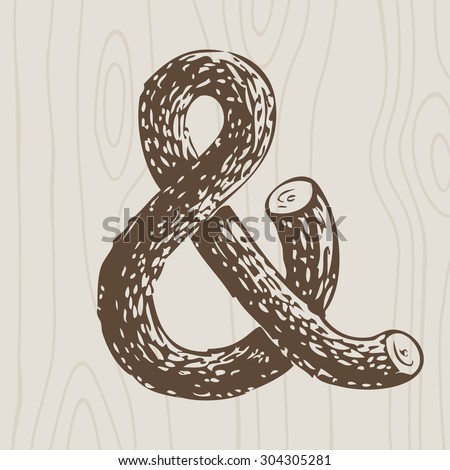 Illustration of ampersand of bent tree trunk. One color graphic