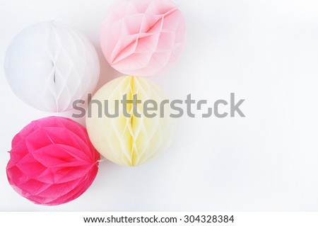 Paper colorful balls. Table view and mock up background. Wedding invitation