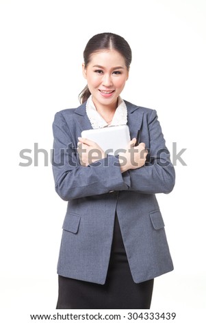asian business women working hold digital tablet. shot on white background
