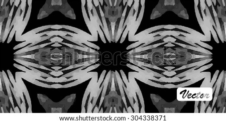 Striped hand painted vector seamless pattern with ethnic and tribal motifs, zigzag lines, brushstrokes and splatters of paint in black and white monochrome colors. Vector illustration. 