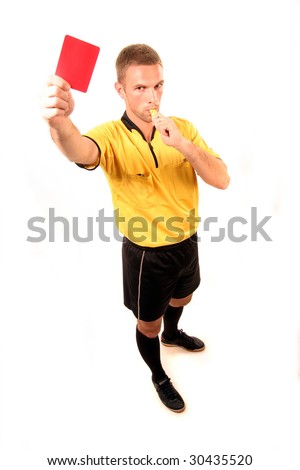 a football judge with red card and whistle