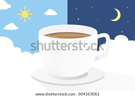 Coffee cup on cloud at day and night background.This is illustration about drink coffee 