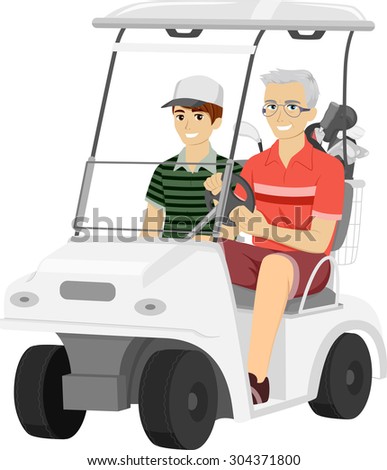 Illustration of an Elderly Man Taking His Grandson for a Ride in a Golf Cart