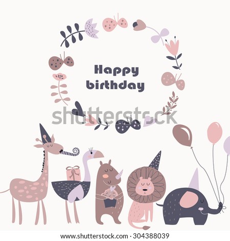 Birthday card with Africa animals.  Cute   lion, elephant, rhino,  ostrich and giraffe  in cartoon style.