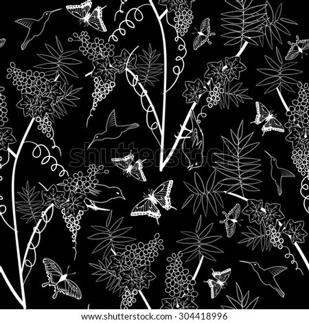 Seamless Floral Ornate  Pattern in Black and White Colors. Very Cute Background Design with Butterflies. Ideal for Textile Print and Decorative Wallpaper. Vector Illustration.