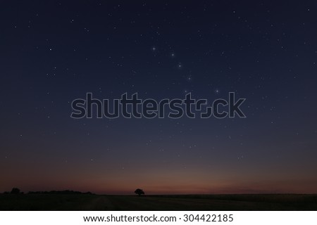 Starry night, Beautiful Star at sunset Field with Constellations Ursa major, Leo minor, Leo, Draco Botes, Canes Venatici, Coma Berenices Royalty-Free Stock Photo #304422185
