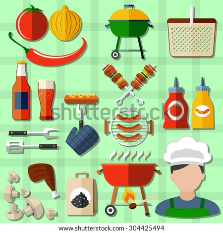 Barbecue and picnic icons set with sausages vegetables and beer on green background flat isolated vector illustration 
