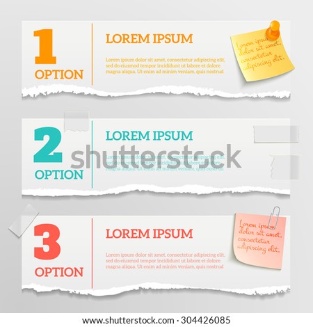 Torn paper color numbers and text with pinned and attached notes horizontal banner set isolated vector illustration