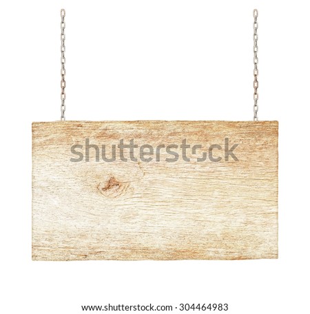 Wood sign from a chain isolated on white background.