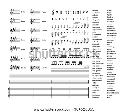 Large set of all music signs, keys, tonality and note staves for note transcription isolated on white Royalty-Free Stock Photo #304526363
