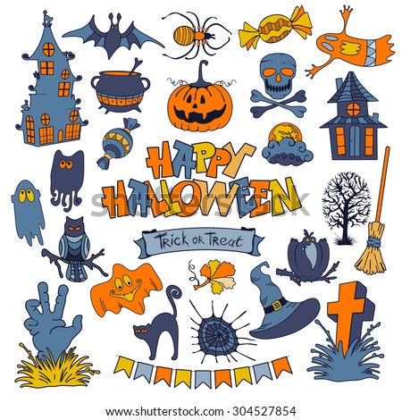 Happy Halloween icons set with various elements of holiday isolated on white background. Vector illustration.