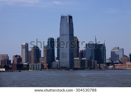 A view of Jersey City on the Hudson River across from lower Manhatten, New York City