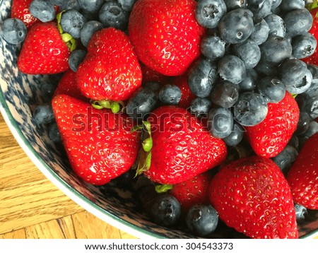 Strawberries and Blueberries in a Bowl on a Wooden Table