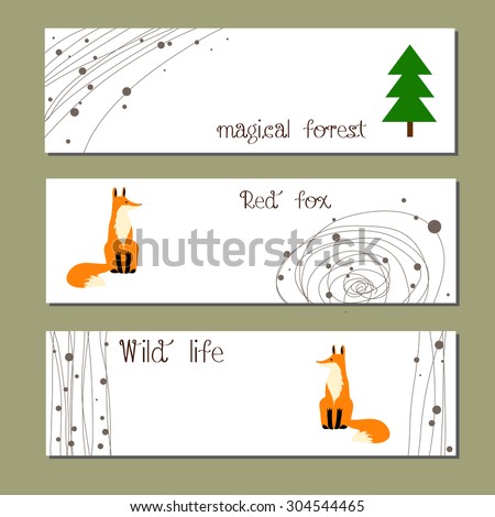 The stylized image of a red fox, grass, tree. Templates for design. Eco, nature, wild animals, zoo. Suitable for ads, invitations, signboards, business  card, and web banner designs