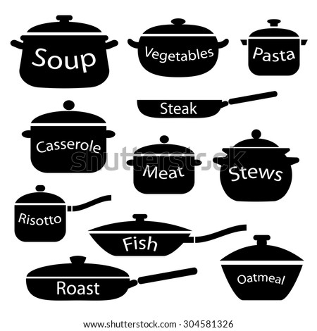 Monochrome pans and pots icon set. Cookware vector illustration.