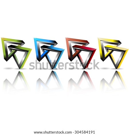 a vector illustration of couple of 3-D triangles chained to each other, with shadow and a reflection. In four color variations
