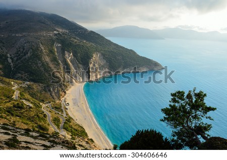 Aerial view of the exotic Myrtos beach in Kefalonia island Royalty-Free Stock Photo #304606646