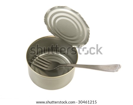 Picture of a empty tin with fork on a white background
