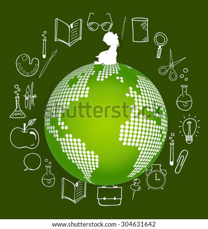 Children read a book on modern globe with application icon, modern template design. Vector illustration.